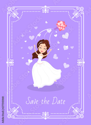 Save the date greeting card with bride in white dress throwing bouquet. Vector young girl in engagement gown isolated in retro ornamental frame on purple