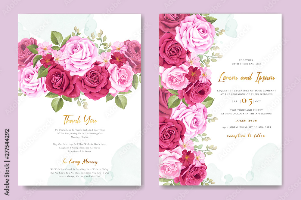 beautiful wedding invitation card with maroon and pink roses template