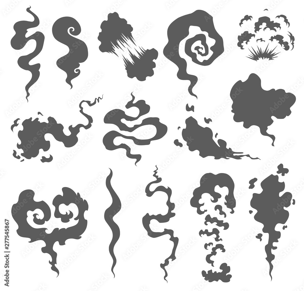 Bad smell. Smoke clouds. Steam smoke clouds of cigarettes or expired old food vector cooking cartoon icons. Illustration of smell vapor, cloud aroma. Bad smell. Smoke clouds. Steam smoke clouds of cigarettes or expired old food vector cooking cartoon icons. Illustration of smell vapor, cloud aroma.