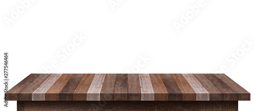 Empty wooden tabletop isolated on white background. For your product placement or montage with focus to the table top in the foreground. Empty rustic wooden shelf. shelves