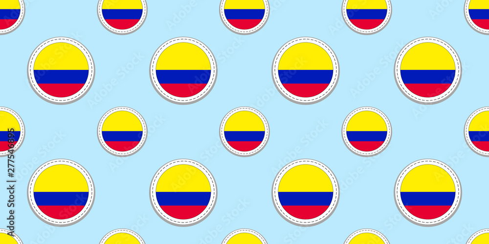 Colombia round flag seamless pattern. Colombian background. Vector circle icons. Geometric symbols. Texture for sports pages, competition, games. travelling, design elements. patriotic wallpaper.