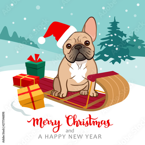 Cute french bulldog puppy sitting on sled wearing Santa hat with Christmas gifts around, snowy hills with trees in background, snow falling. Christmas for pets, dog lovers theme cards, posters.