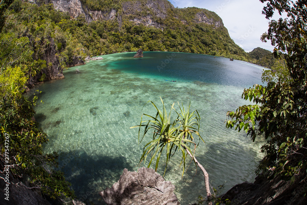 A shallow reef flat fringes the rugged limestone islands of Raja Ampat, Indonesia. This tropical region, part of the Coral Triangle, is known for its incredible marine biodiversity.