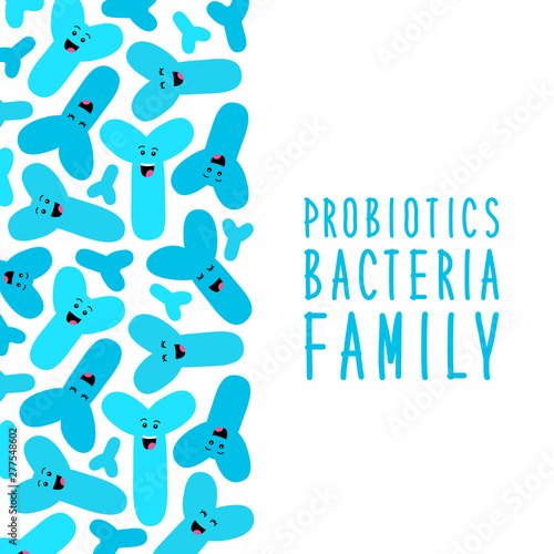 Funny probiotics bacteria family background isolated on white, gut and intestinal flora, set in flat style