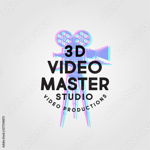3D Video Master logo. Video production studio emblem. Glitch of Symbol of camera with letters. Stereo film symbol.