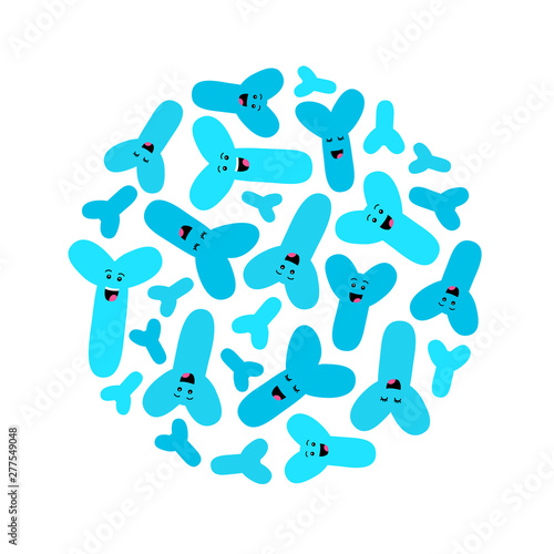 Funny probiotics bacteria family background isolated on white, gut and intestinal flora, set in flat style