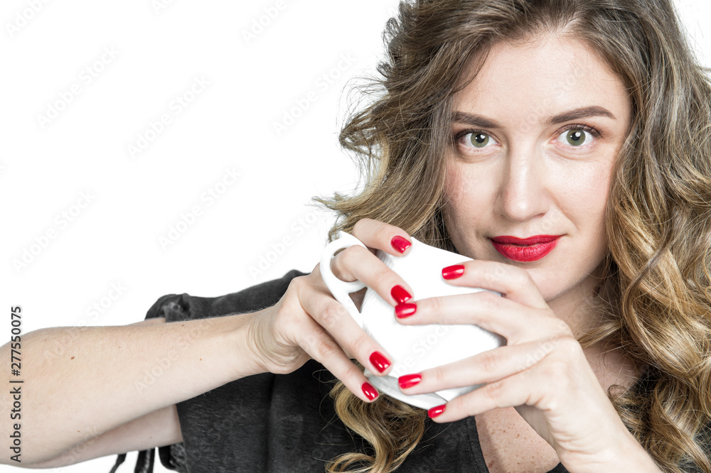 Girl with cup coffee tea Portrait pretty young woman Girl with cup coffee tea Portrait pretty young woman