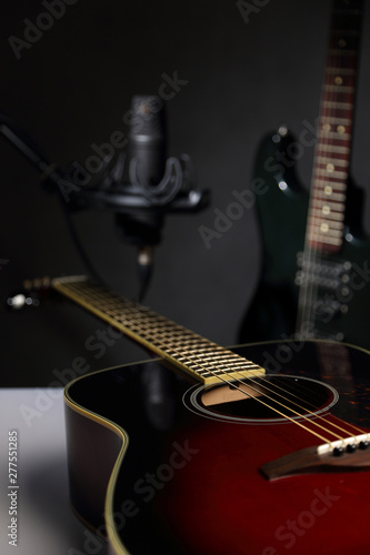 Acoustic guitar, Studio microphone and headphones