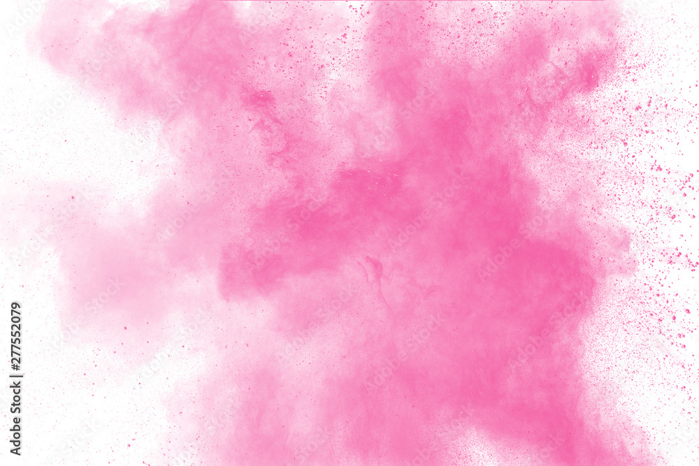 Pink dust particles explosion.Pink powder splatter on white background.