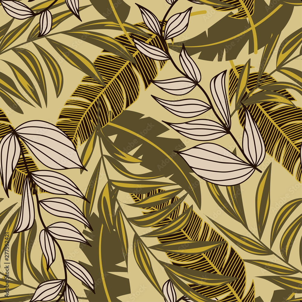 Fototapeta Abstract tropical seamless pattern with colorful leaves and bright plants on yellow background. Vector design. Jungle print. Floral background. Printing and textiles. Exotic tropics. Fresh design.