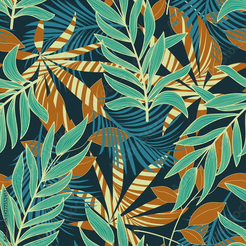 Abstract tropical seamless pattern with colorful leaves and bright plants on blue background. Vector design. Jungle print. Floral background. Printing and textiles. Exotic tropics. Fresh design.