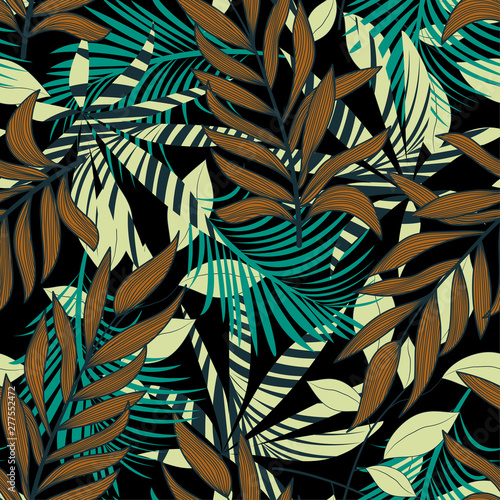 Abstract tropical seamless pattern with colorful leaves and bright plants on dark background. Vector design. Jungle print. Floral background. Printing and textiles. Exotic tropics. Fresh design. © EltaMax99