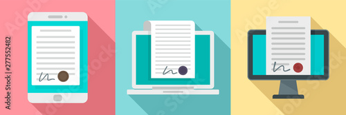 Digital contract icons set. Flat set of digital contract vector icons for web design