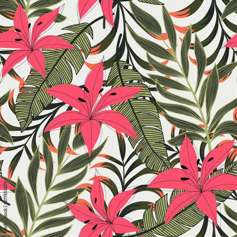 Fototapeta Abstract bright seamless background with colorful tropical leaves and flowers on light background. Vector design. Jungle print. Floral background. Printing and textiles. Exotic tropics. Fresh design.