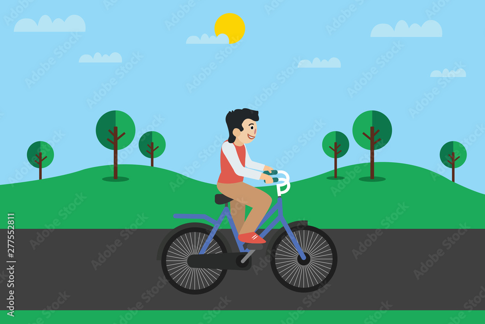  Cycling landing page. Man riding bicycle in the park. Illustration for active lifestyle, training, cardio 