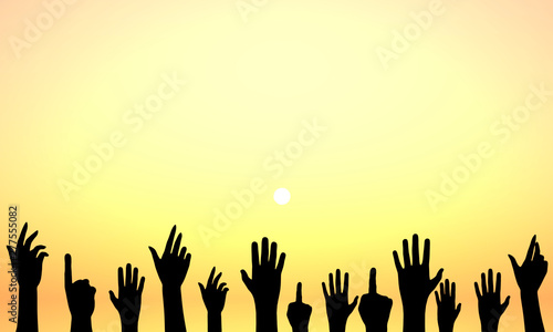 hands silhouette in front of orange sky - Illustration