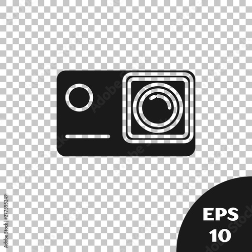 Black Action extreme camera icon isolated on transparent background. Video camera equipment for filming extreme sports. Vector Illustration