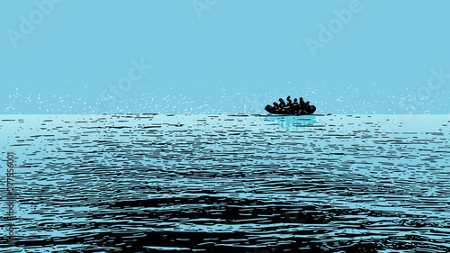 Schilderij op canvas Illustration of a refugee boat on the sea