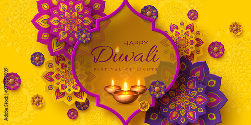 Diwali festival of lights holiday design with paper cut style of Indian Rangoli and diya - oil lamp. Purple color on yellow background. Vector illustration.