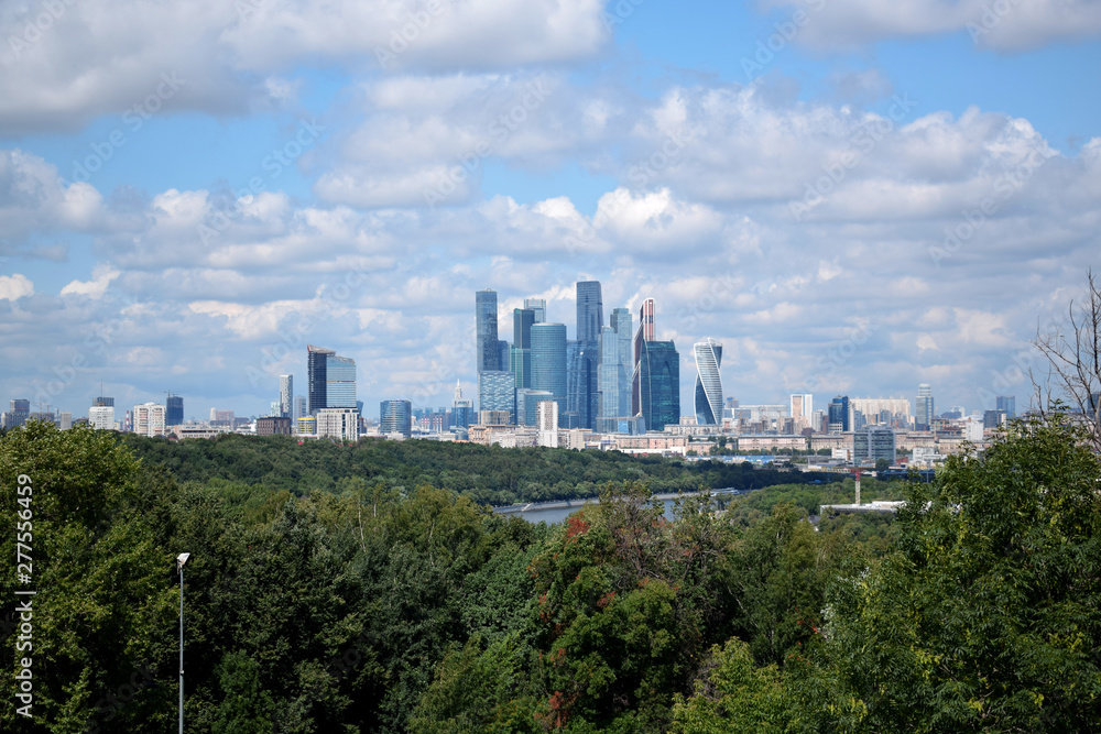 Moscow, Russia - July 8, 2019: The view of the Moscow International Business Center skyscrapers and cloudy sky from the Sparrow Hills observation deck