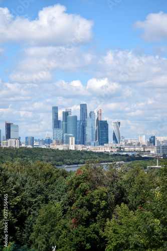 Moscow  Russia - July 8  2019  The view of the Moscow International Business Center skyscrapers and cloudy sky from the Sparrow Hills observation deck