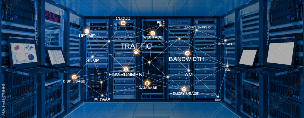 Data center room with server and networking device on rack cabinet, kvm monitor screen display chart, log and blank screen