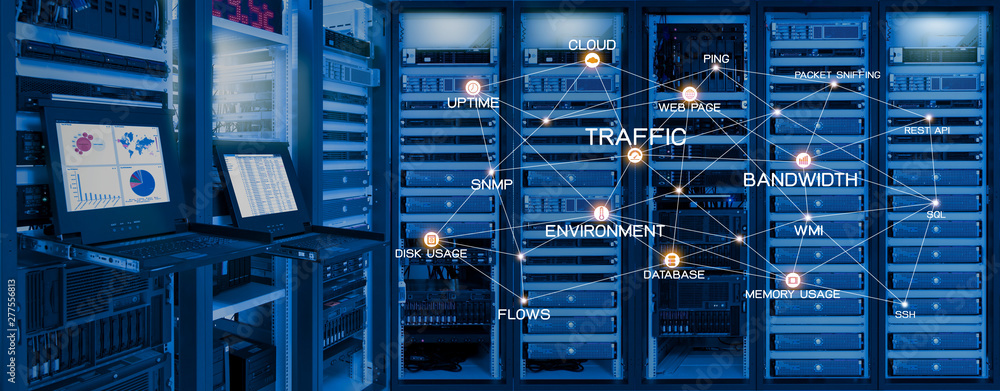 Monitor show information of network traffic and status of devices in data center room