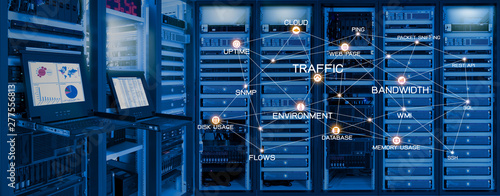 Monitor show information of network traffic and status of devices in data center room