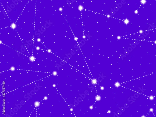 Seamless pattern starry sky with the constellations of Aquila, Aries and Cancer. Cluster of stars and galaxies. Deep space. Vector illustration