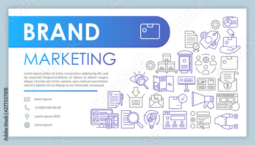 Brand marketing banner, business card vector template. Product promotion service. Company contact with phone, email line icons. Brand awareness. Presentation, web page idea. Corporate print layout