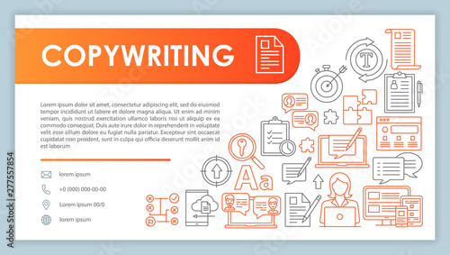 Copywriting banner, business card vector template. Content marketing. Company contact with phone, email line icons. SMM, contextual advertising. Presentation, web page idea. Corporate print layout