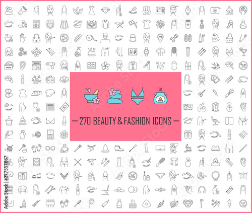 Beauty and fashion industry linear icons big set. Thin line contour symbols. Cosmetics, plastic surgery, spa, manicure, clothes and accessories. Isolated vector outline illustrations. Editable stroke