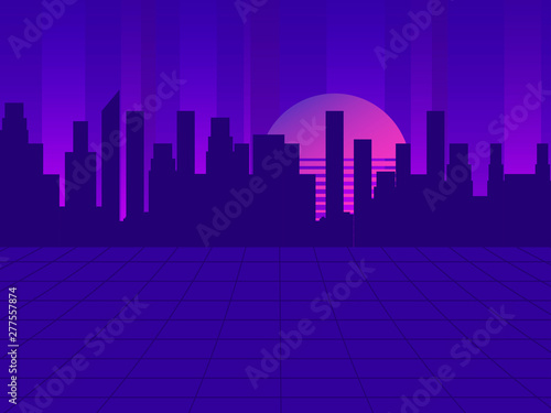 Retro futuristic city in the style of the 80s. Cyberpunk and retro wave style. Cityscape of the future megapolis against the backdrop of the sunset. Vector illustration