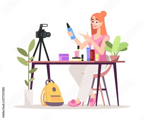 Cosmetics online review flat vector illustration. Fashion, beauty blogger, vlogger isolated cartoon character on white background. Makeup, skincare products video review. Influencer marketing concept