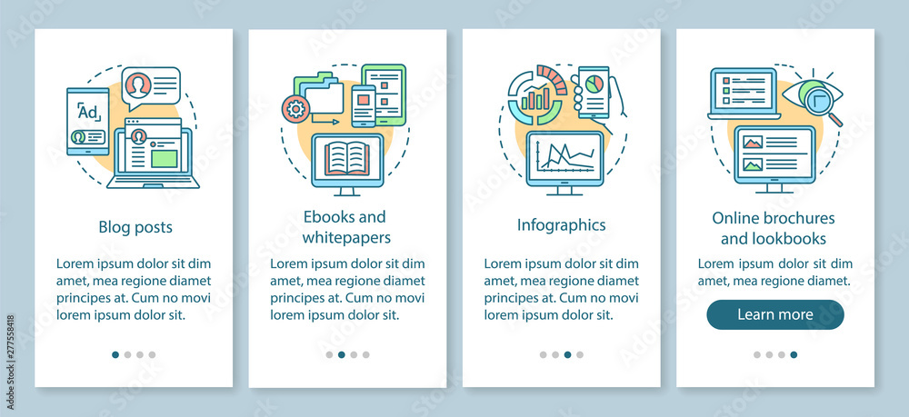 Awareness content onboarding mobile app page screen with linear concepts. Blog posts, ebooks, infographics walkthrough steps graphic instructions. UX, UI, GUI vector template with illustrations