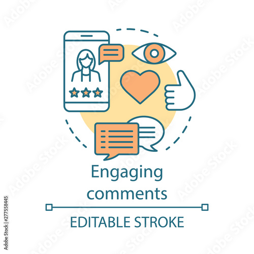 Engaging comments concept icon. Online PR idea thin line illustration. Content marketing. Subscribers review. Blog commenting, clients feedback. Vector isolated outline drawing. Editable stroke