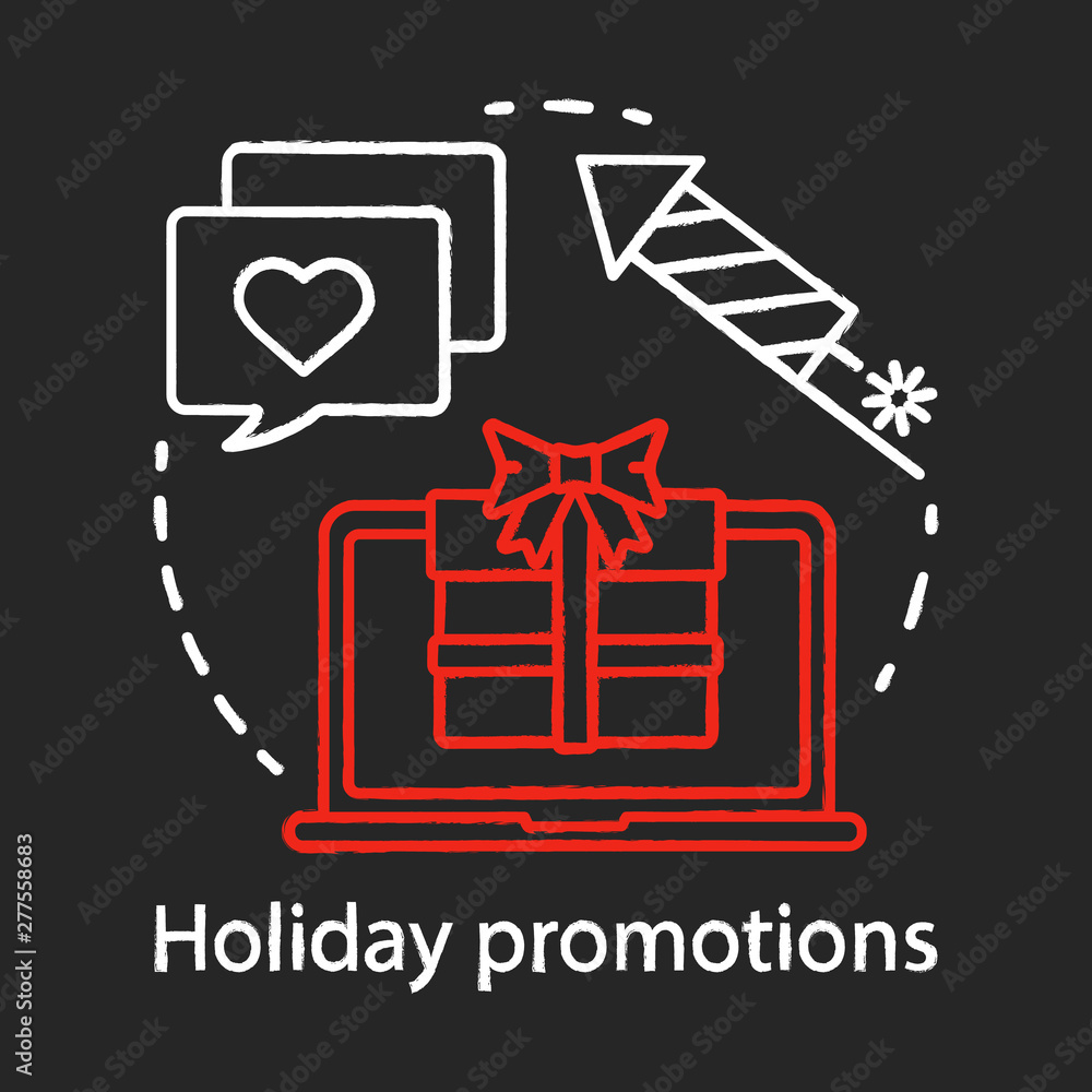 Holiday promotions chalk concept icon. Seasonal promotional opportunities idea. Email marketing. Shopping sales, referral bonuses, special offers. Vector isolated chalkboard illustration Holiday promotions chalk concept icon. Seasonal promotional opportunities idea. Email marketing. Shopping sales, referral bonuses, special offers. Vector isolated chalkboard illustration