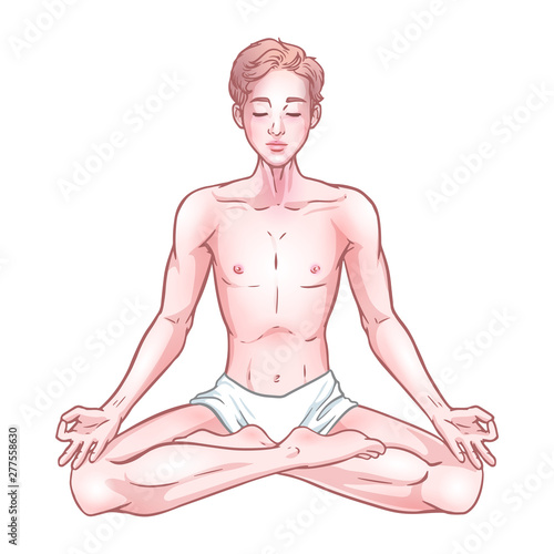 Young meditating yogi man in lotus pose isolated on white background. Vector illustration