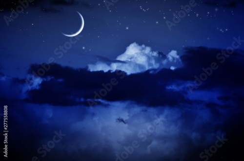 Night sky with clouds and moon. Universe filled with stars, nebula and galaxy