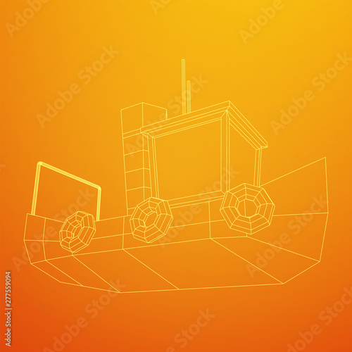 Fishing boat. Commercial fishing trawler for industrial seafood production. Vintage marine ship, sea or ocean transportation concept. Wireframe low poly mesh vector illustration