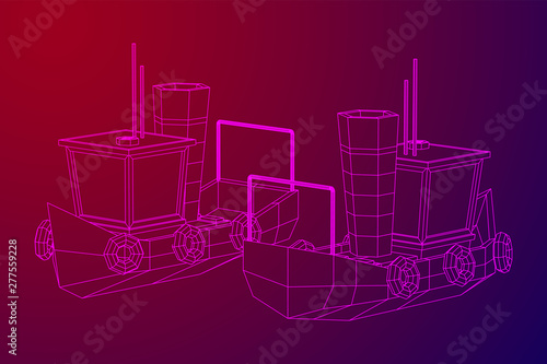 Fishing boat. Commercial fishing trawler for industrial seafood production. Vintage marine ship, sea or ocean transportation concept. Wireframe low poly mesh vector illustration