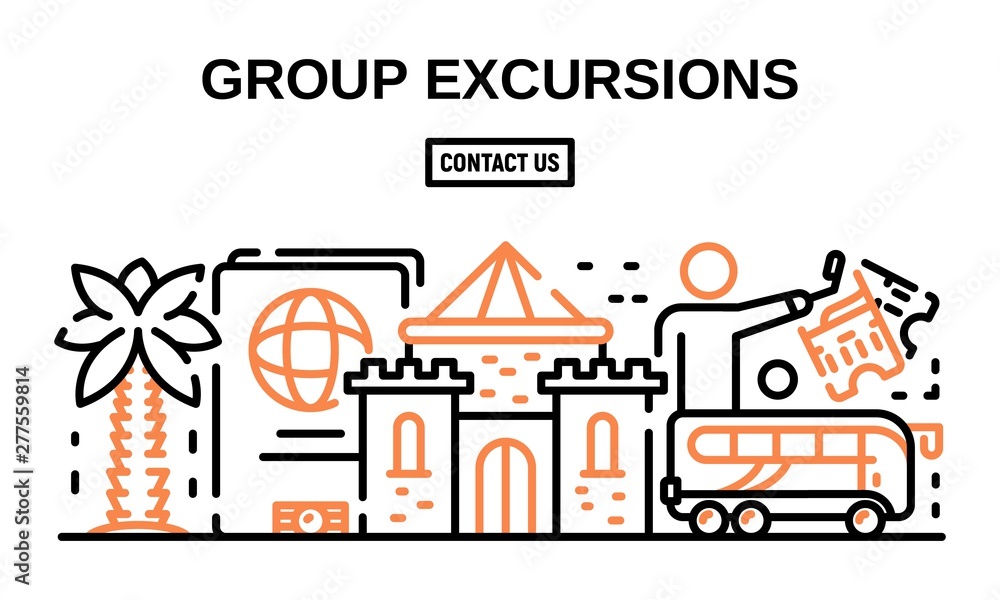Fototapeta premium Group excursions banner. Outline illustration of group excursions vector banner for web design