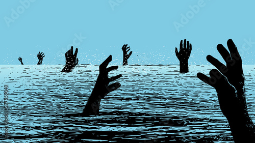 Illustration of hands of several people drowning in the sea and reaching for the last rescue. Popart in black and blue colors. photo