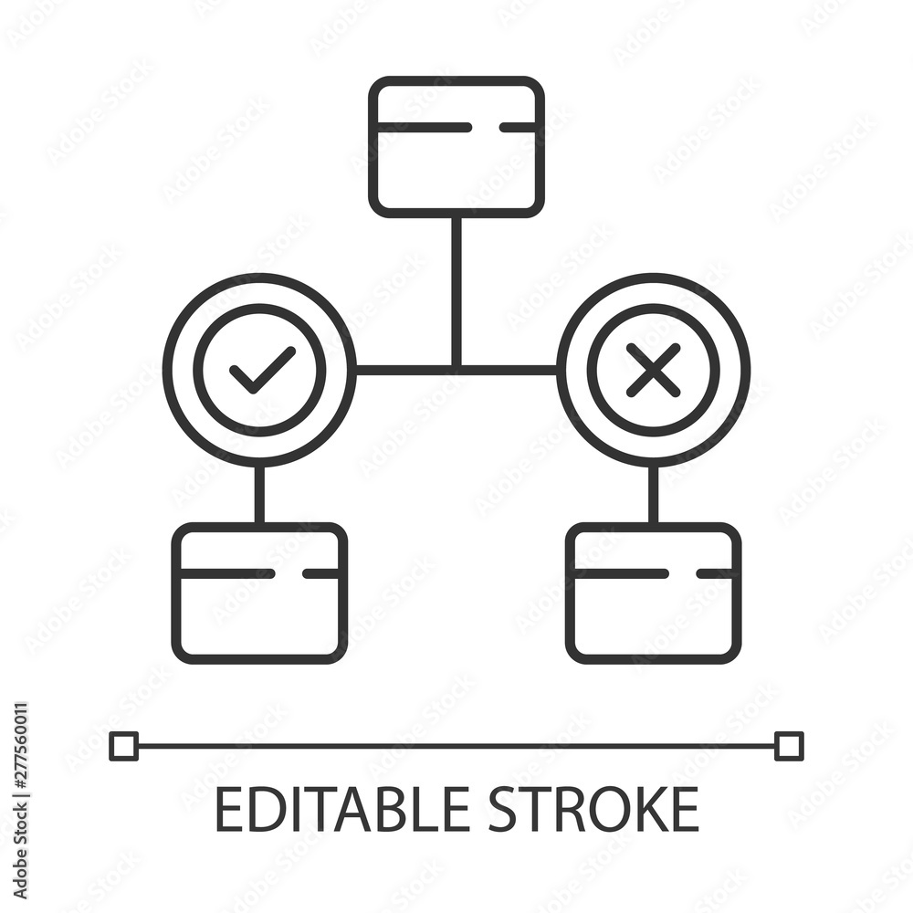 Decision diagram linear icon. Block chart. Problem solutions. Operations research. Decision tree. Management. Thin line illustration. Contour symbol. Vector isolated outline drawing. Editable stroke Decision diagram linear icon. Block chart. Problem solutions. Operations research. Decision tree. Management. Thin line illustration. Contour symbol. Vector isolated outline drawing. Editable stroke