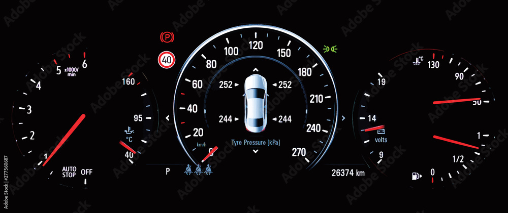 Illustration of TPMS (Tyre Pressure Monitoring System) monitoring display on car dashboard panel. Pressure measurement given in kilopascal (kPa) Modern digital screen shows right correct tire pressure