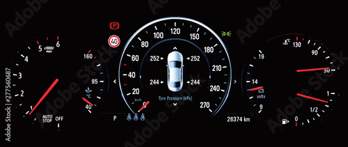 Illustration of TPMS (Tyre Pressure Monitoring System) monitoring display on car dashboard panel. Pressure measurement given in kilopascal (kPa) Modern digital screen shows right correct tire pressure