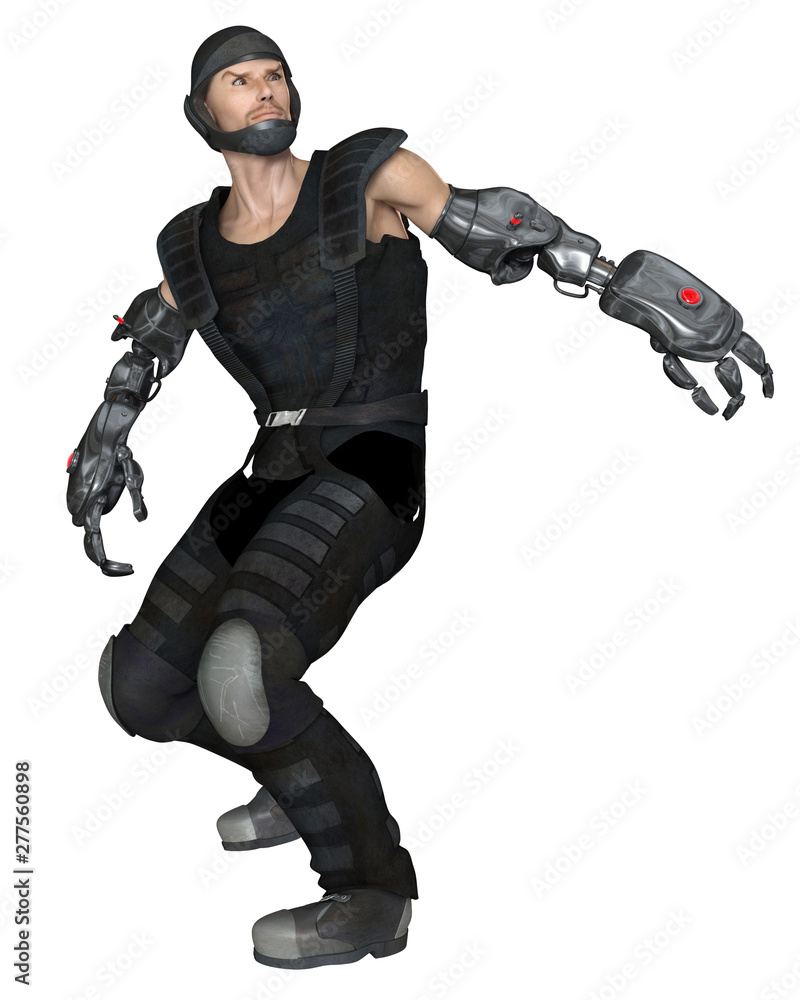 Science fiction illustration of a future male soldier with cyber arms turning in surprise, 3d digitally rendered illustration Science fiction illustration of a future male soldier with cyber arms turning in surprise, 3d digitally rendered illustration