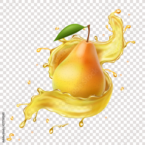 Pear in juice splash realistic vector illustration