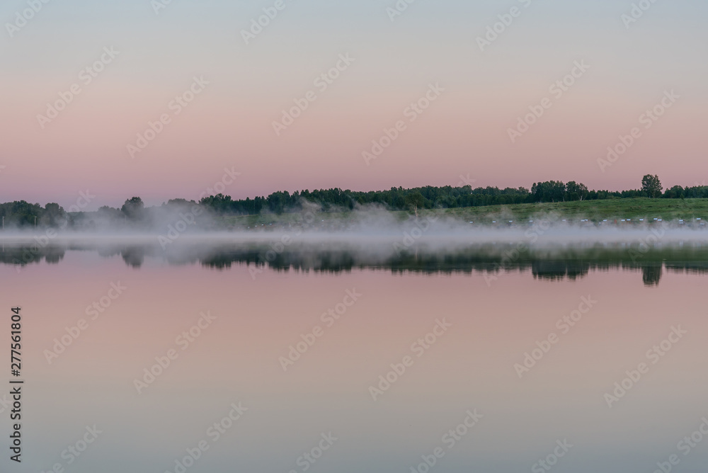 lake dawn fog trees reflection