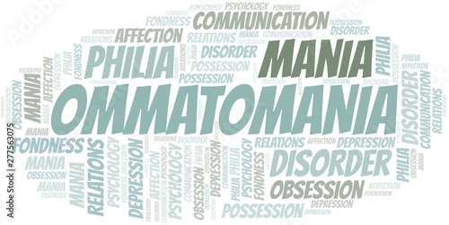 Ommatomania word cloud. Type of mania, made with text only.